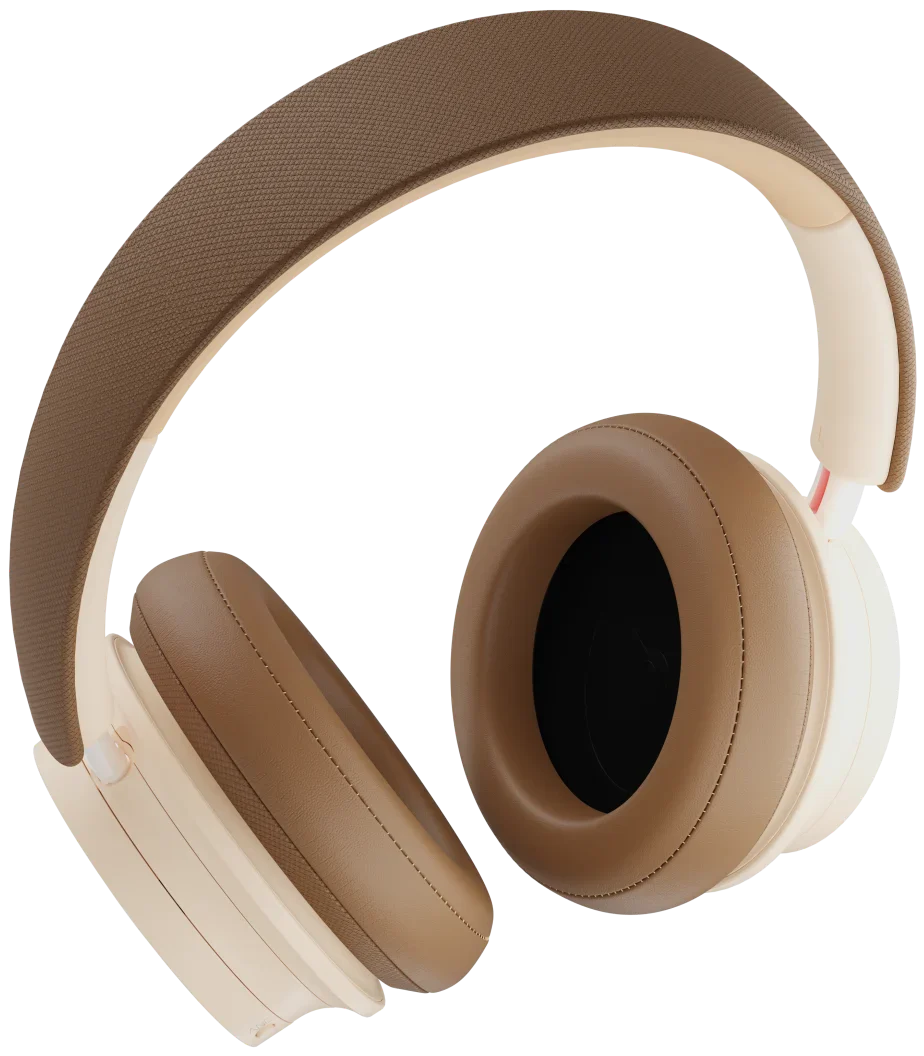 DALI Dali iO-8 wireless headphones in caramel white with padded ear cups and sleek headband design.