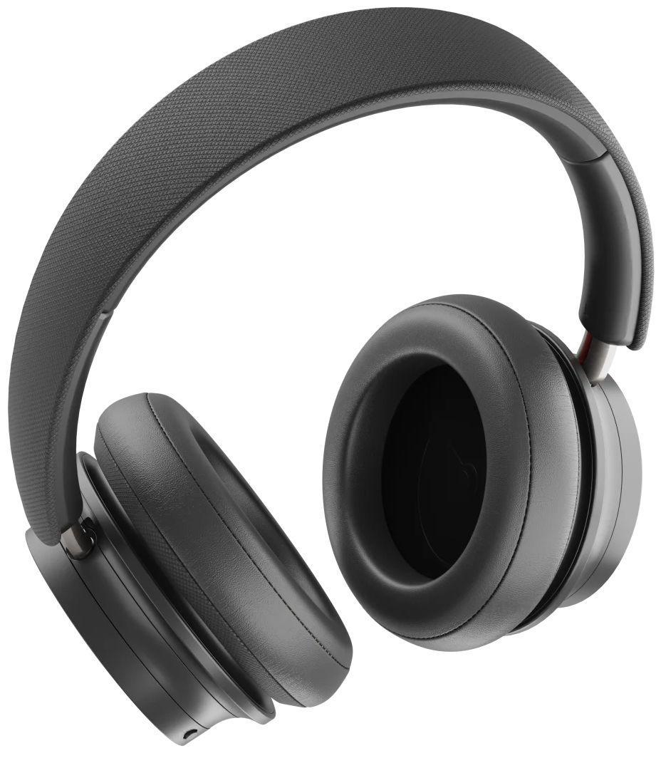 DALI Dali iO-8 wireless headphones in iron black with cushioned ear cups and adjustable headband, shown from side angle.