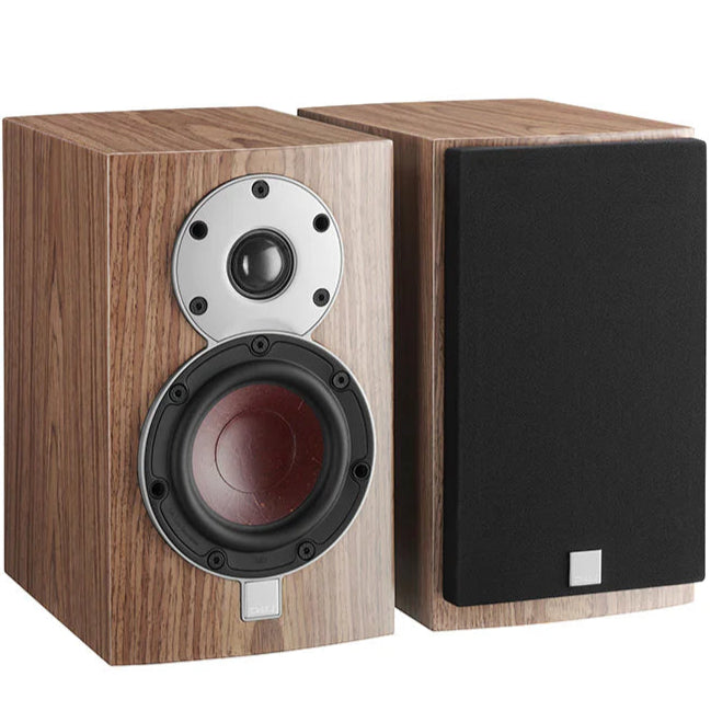 DALI Menuet walnut passive bookshelf speakers with wood finish, compact design, and front-facing drivers for high-quality sound.