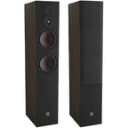 Pair of DALI Opticon 6 MK2 passive floorstanding speakers in tobacco oak finish, showcasing sleek design and wood grain texture.