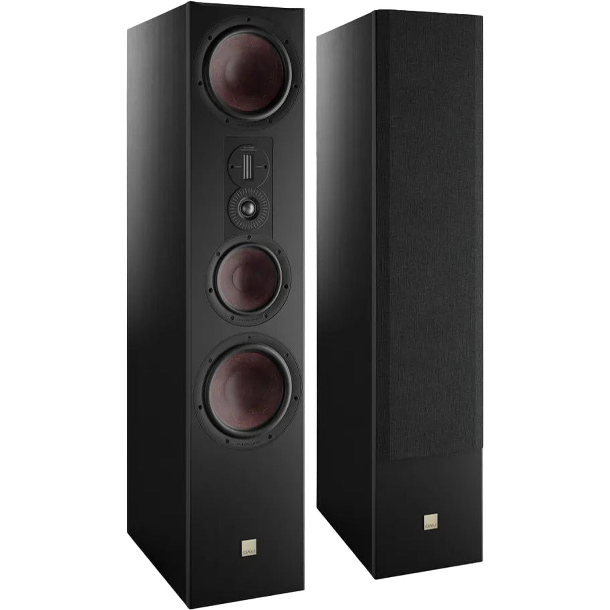 DALI Opticon 8 MK2 passive floorstanding speakers with sleek black finish and modern design, showcasing high-quality audio speakers.