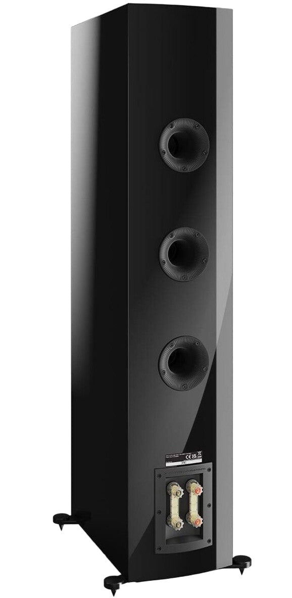 DALI Rubikore 8 passive floorstanding speakers in high-gloss black with sleek, modern design and detailed front grille.