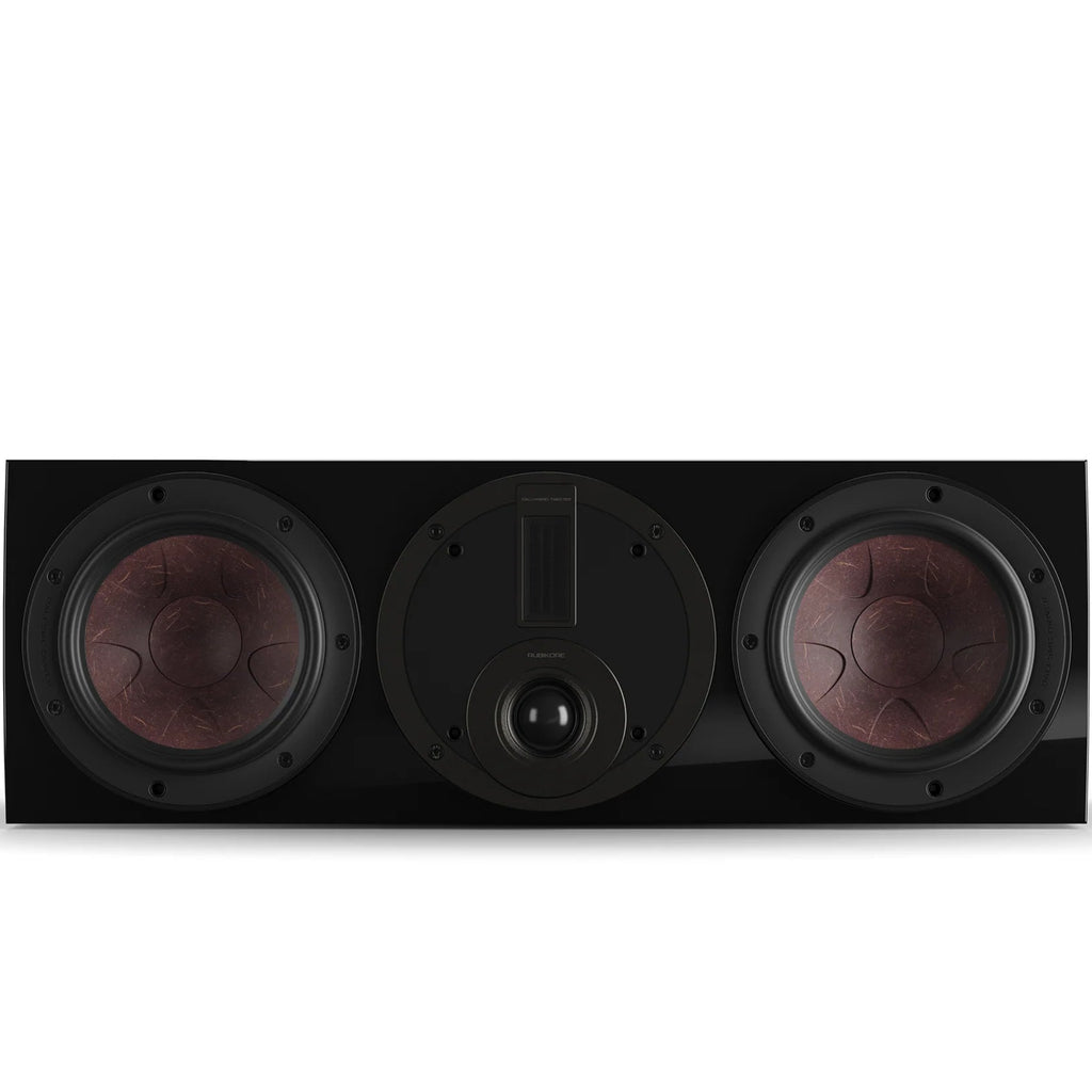 DALI Rubikore Cinema center speaker in high-gloss black with sleek design, ideal for home theater audio systems.