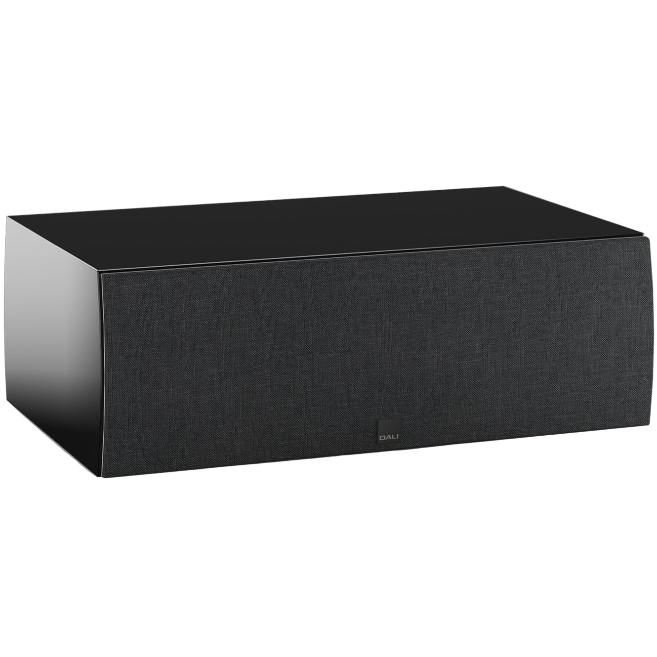 DALI Rubikore Cinema center speaker in high-gloss black with sleek design and front grille, ideal for home theater audio systems.