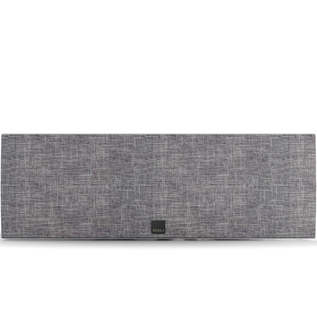 DALI Rubikore Cinema center speaker with high-gloss white finish, showcasing sleek design and front grille.