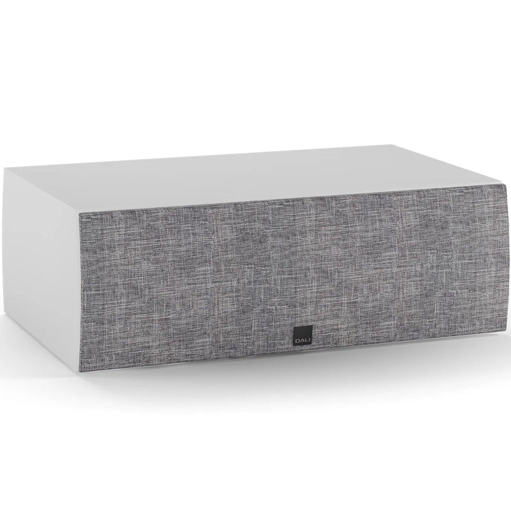 DALI Rubikore Cinema center speaker with high-gloss white finish, showcasing sleek design and front grille for high-quality audio.
