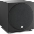 DALI Sub E-12 F subwoofer with sleek black enclosure and driver, designed for deep bass in home audio systems.