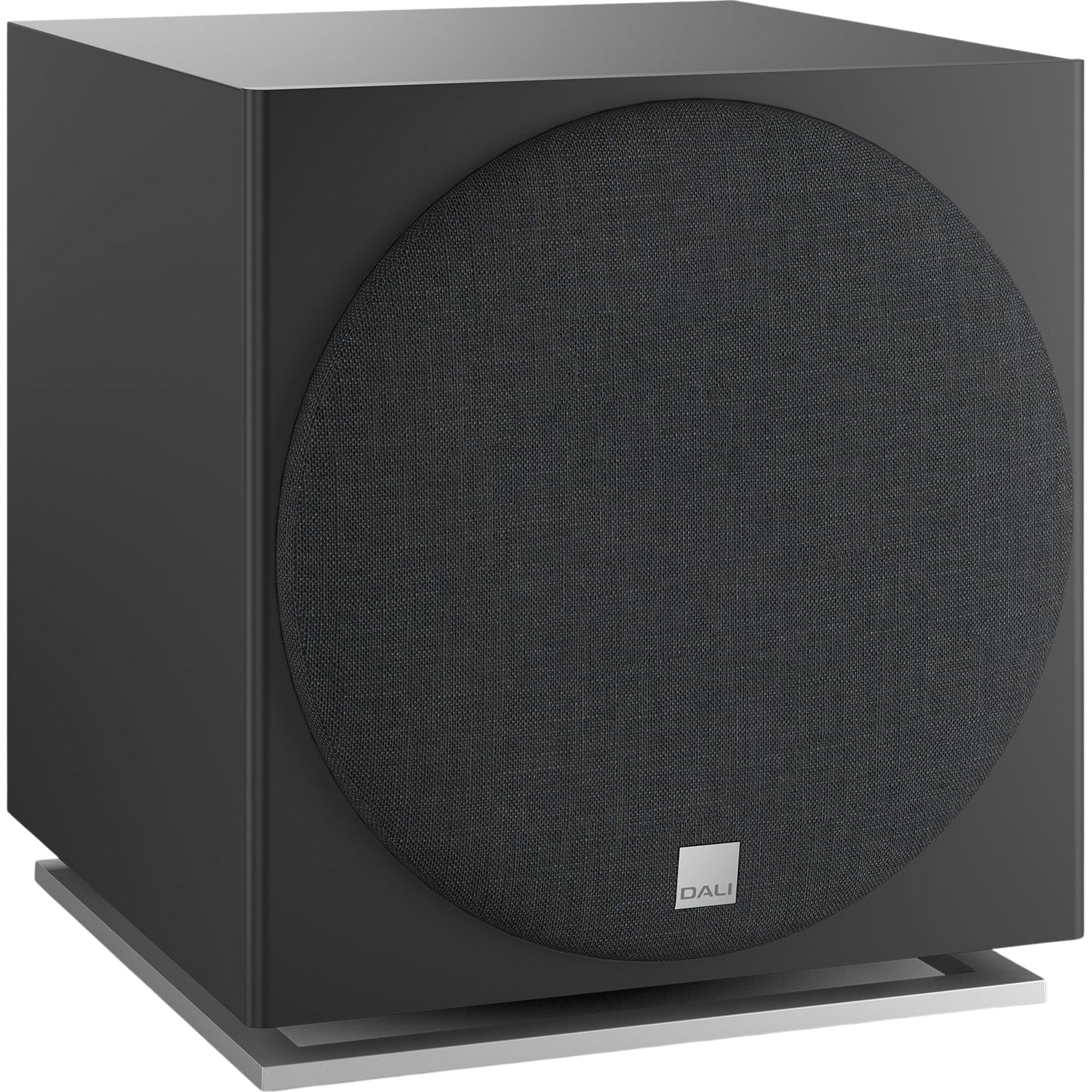 DALI Sub E-12 F subwoofer with sleek black enclosure and driver, designed for deep bass in home audio systems.