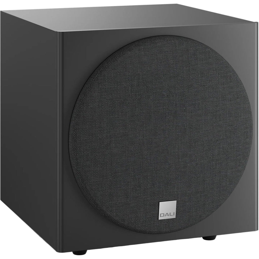 DALI Sub E-9 F subwoofer with sleek black enclosure and front-firing driver for deep bass in home audio systems.