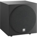 DALI Sub E-9 F subwoofer with sleek black enclosure and front-firing driver for deep bass in home audio systems.