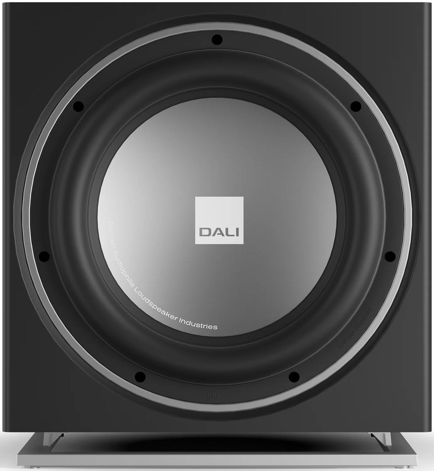 DALI Sub E-12 F black satin subwoofer with sleek design, showcasing its compact form and high-quality build for powerful bass.