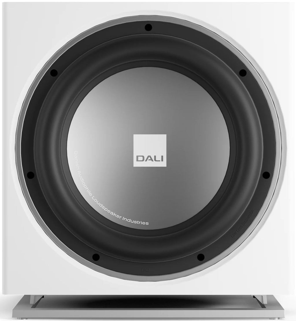 DALI Sub E-12 F white satin subwoofer with sleek design and powerful bass driver, ideal for home theater and audio systems.
