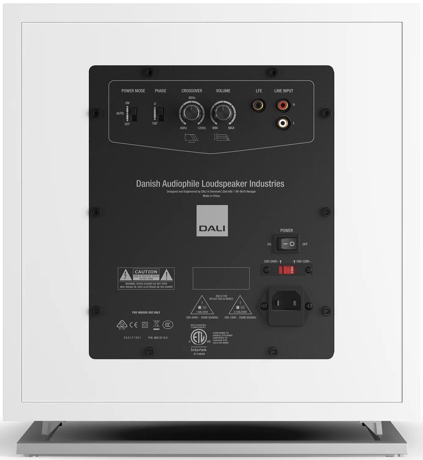 White satin DALI Sub E-12 F subwoofer with sleek design and visible speaker cone for deep bass sound.