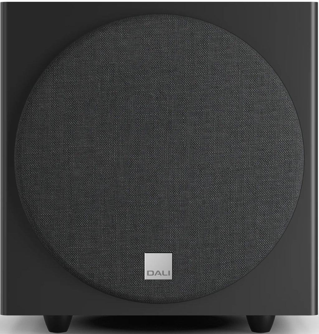 DALI Sub E-9 F black satin subwoofer showing sleek design and front grille for immersive home theater sound.