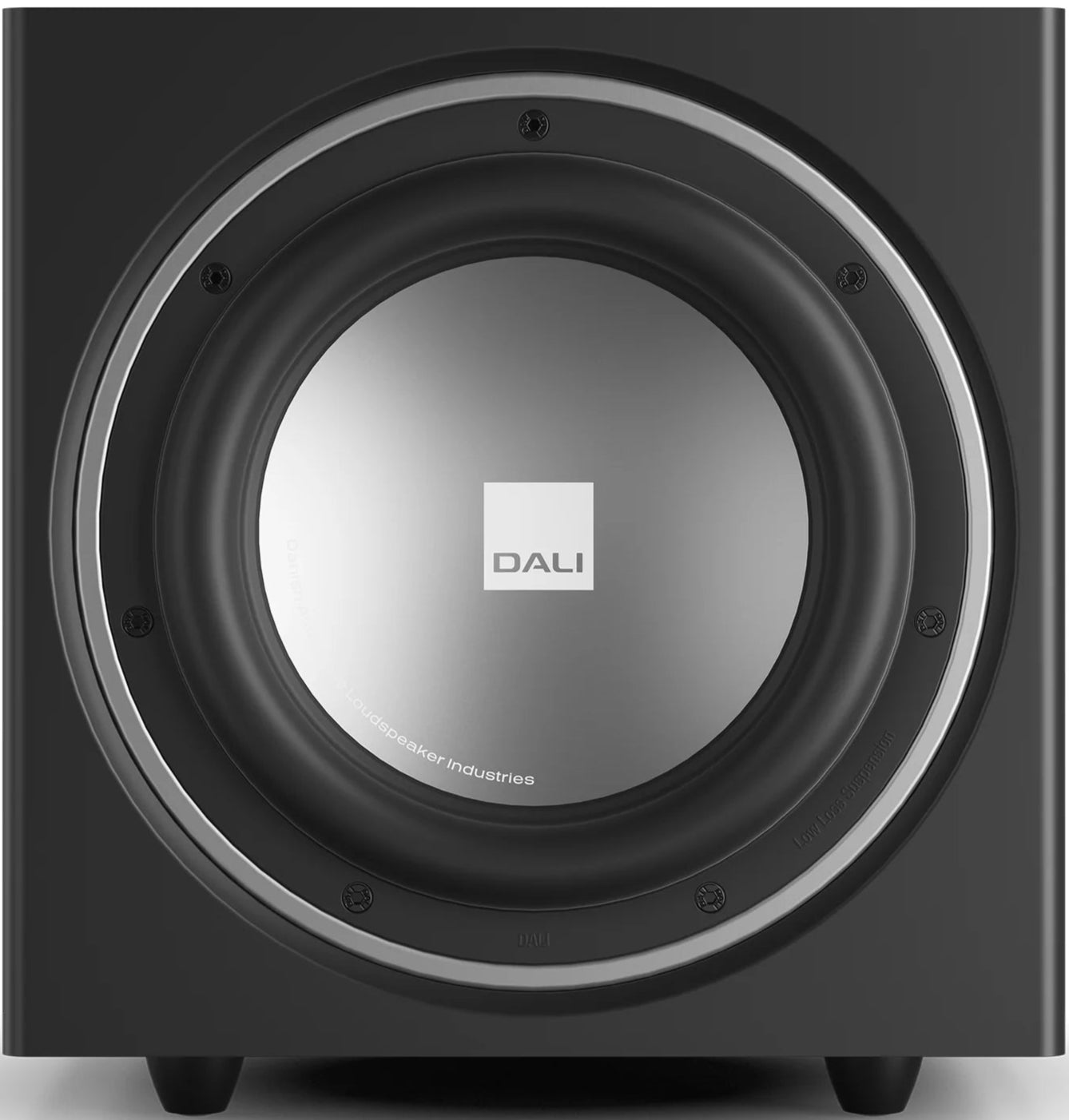 DALI Sub E-9 F black satin subwoofer with sleek design and powerful bass driver for high-quality home audio systems