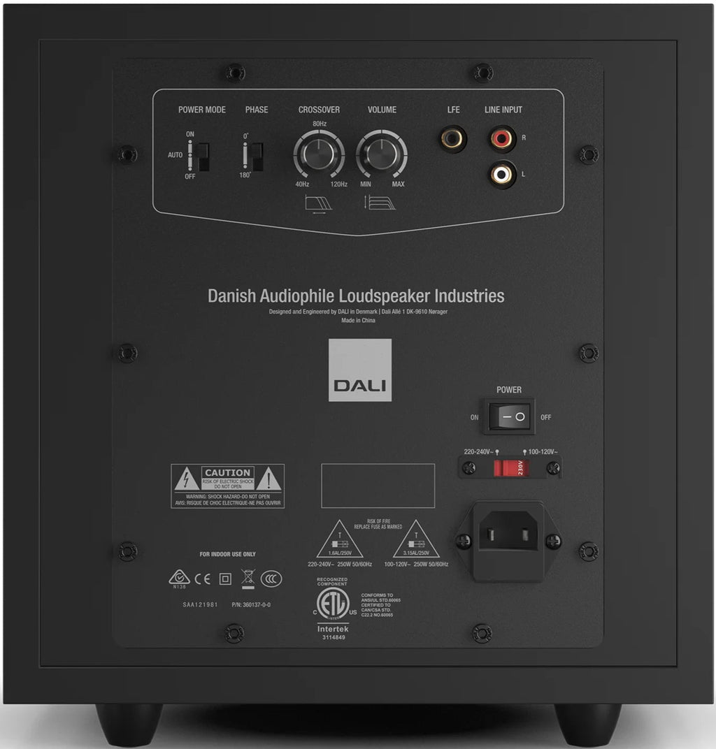 DALI Sub E-9 F black satin subwoofer with sleek design and sturdy enclosure, featuring a large driver for deep bass.