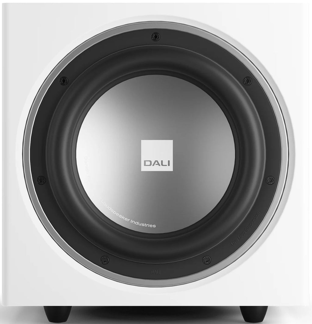 DALI Sub E-9 F white satin subwoofer with sleek design and compact build, showcasing its front grille and modern aesthetic.