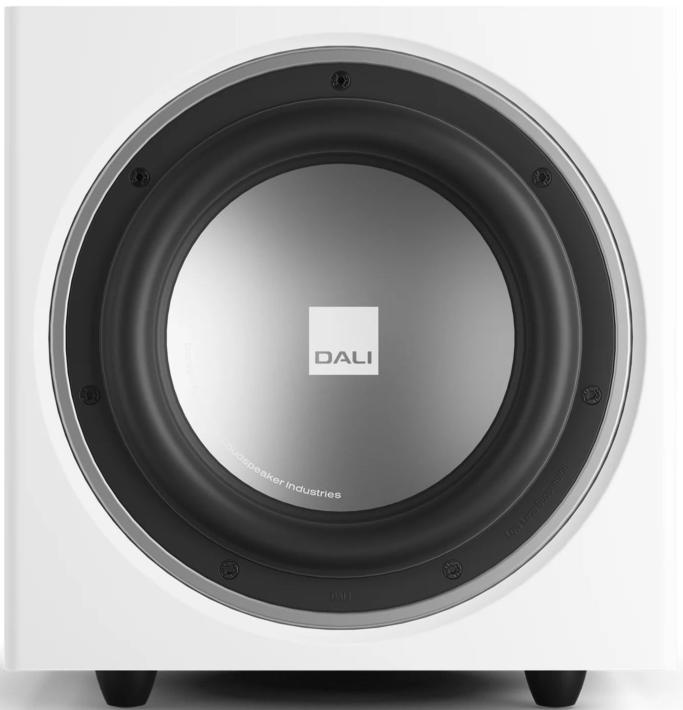 DALI Sub E-9 F white satin subwoofer with sleek design and compact build, showcasing its front grille and modern aesthetic.