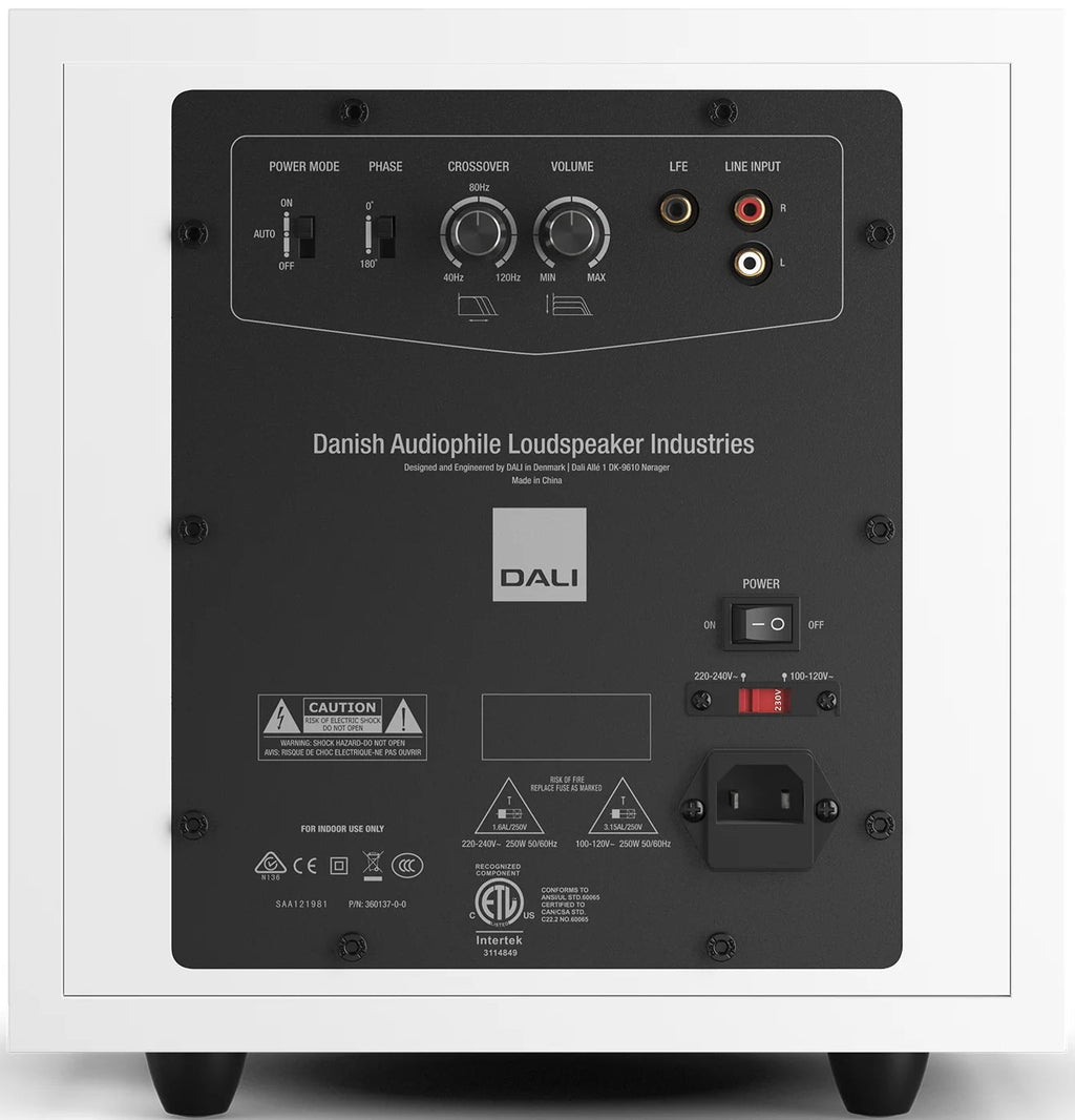DALI Sub E-9 F white satin subwoofer with sleek design and visible driver, designed for deep bass in home audio systems.