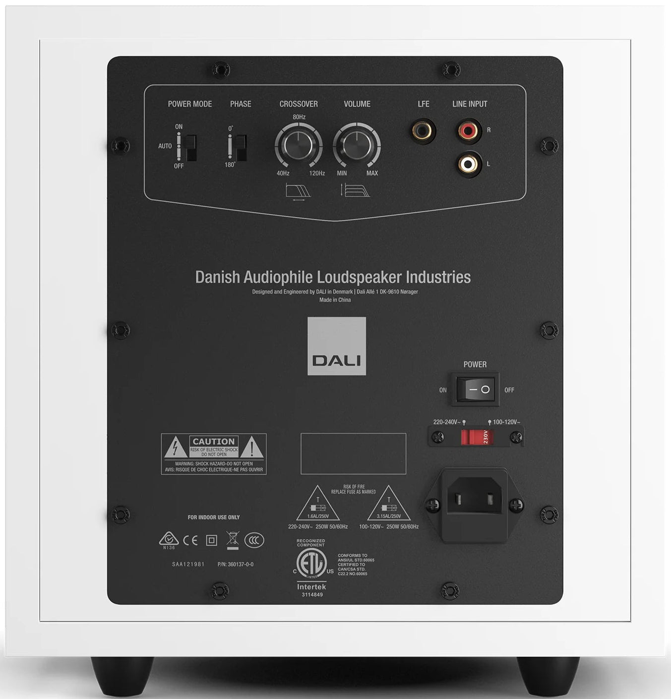 DALI Sub E-9 F white satin subwoofer with sleek design and visible driver, designed for deep bass in home audio systems.