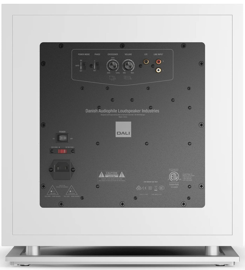DALI Sub K-14 F white satin subwoofer with sleek design and powerful bass driver, ideal for premium home audio systems