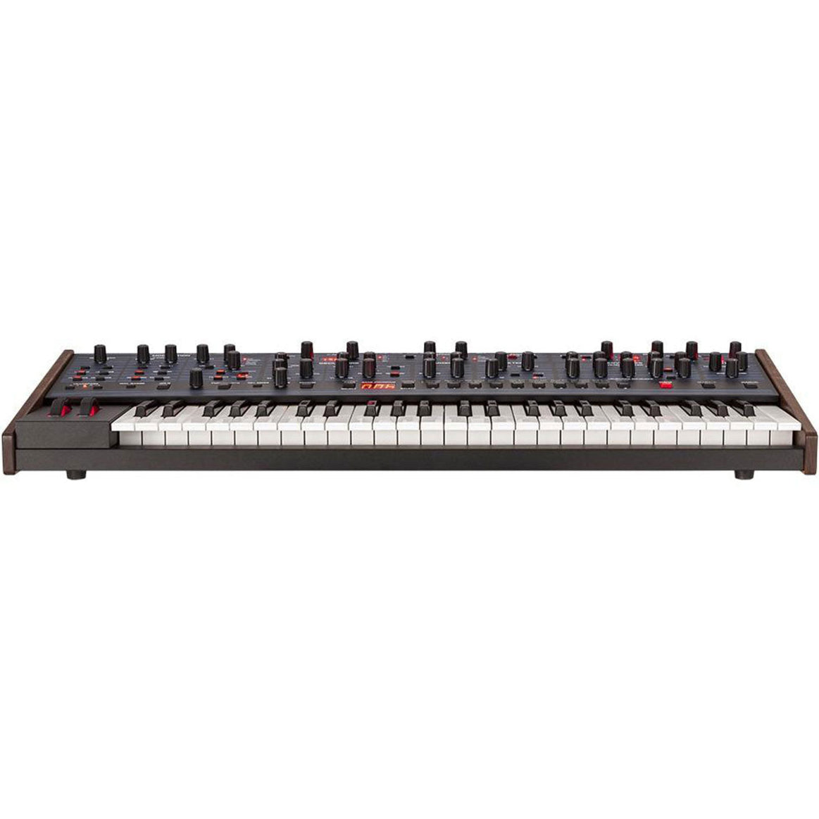 Sequential OB-6 synthesizer with a sleek control panel and keyboard, featuring knobs and keys for rich analog sound creation.