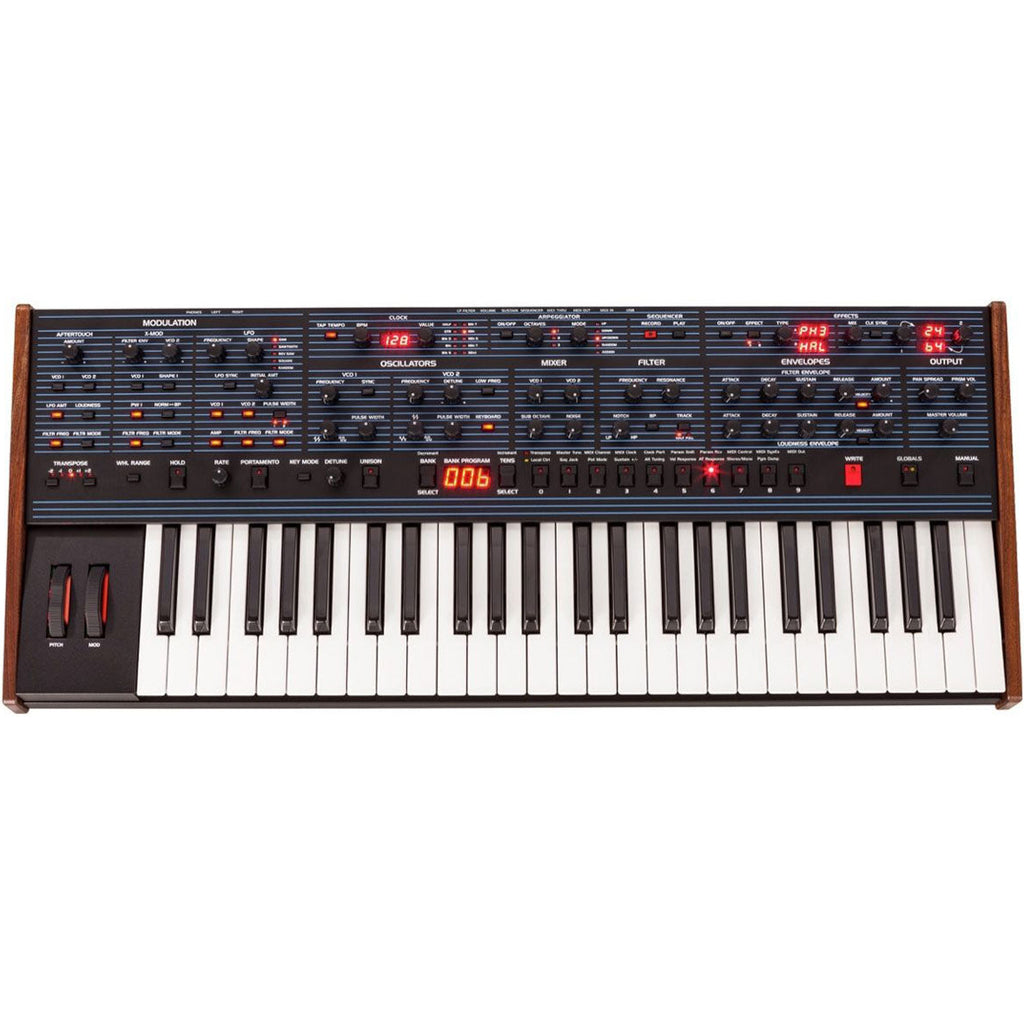 Sequential OB-6 synthesizer with a sleek control panel featuring knobs and buttons, designed for rich analog sound synthesis.
