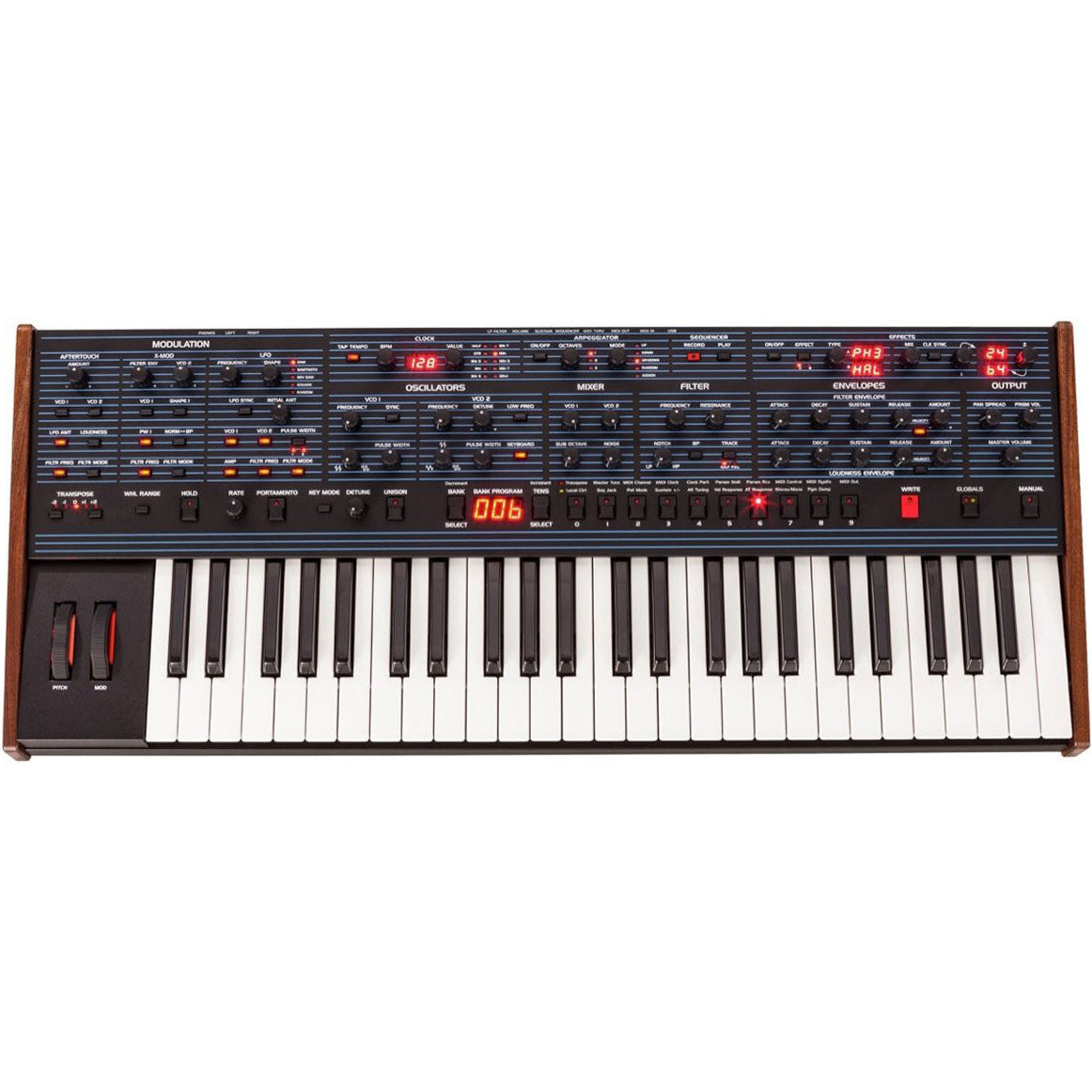 Sequential OB-6 synthesizer with a sleek control panel featuring knobs and buttons, designed for rich analog sound synthesis.