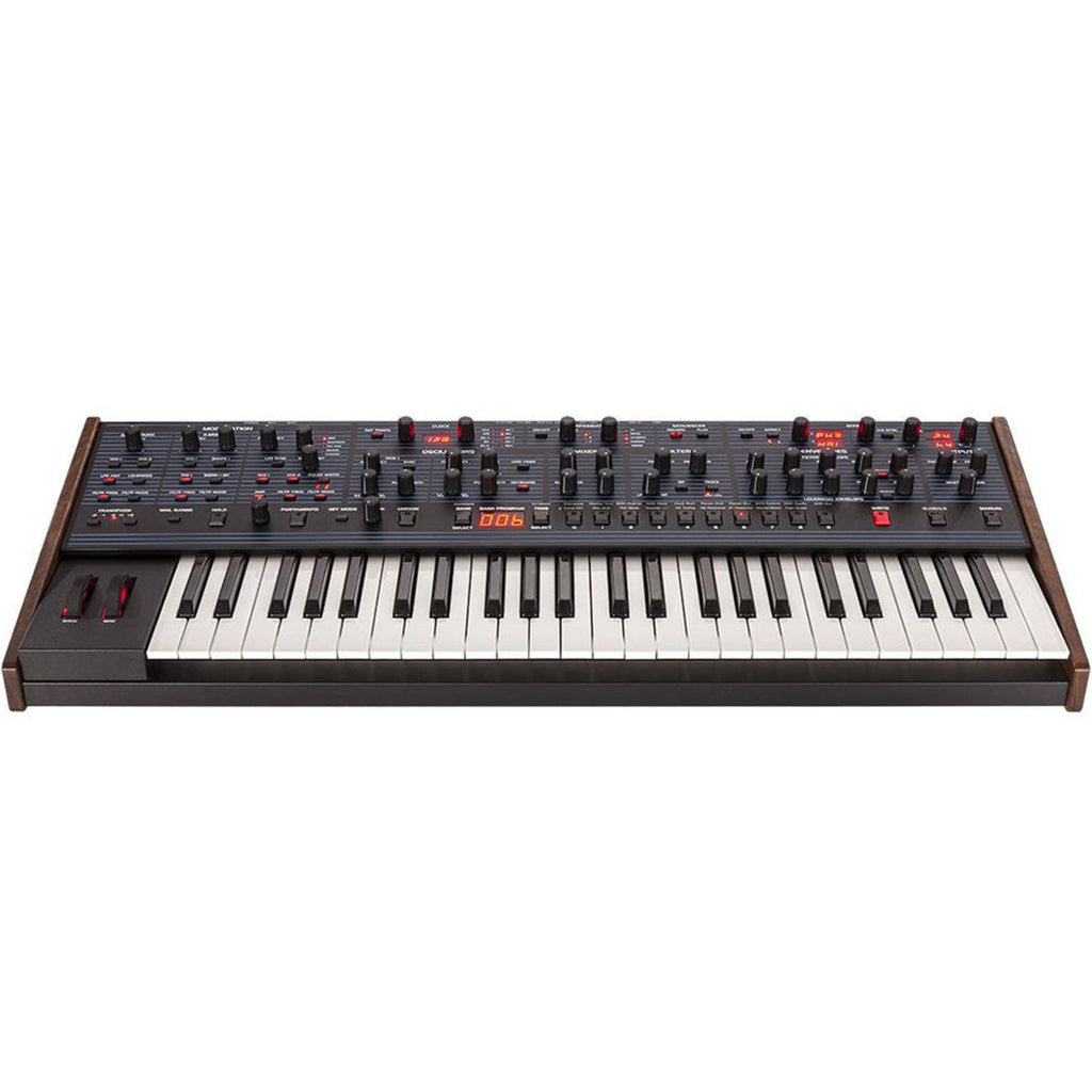 Sequential OB-6 synthesizer by Dave Smith Instruments, featuring a close-up of its control panel with knobs and buttons.