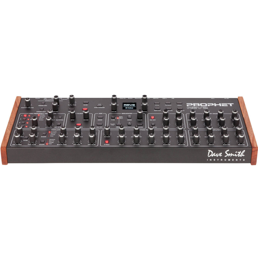 Sequential Prophet Rev2-16 desktop synthesizer with 16-voice polyphony, featuring knobs and controls on the front panel.