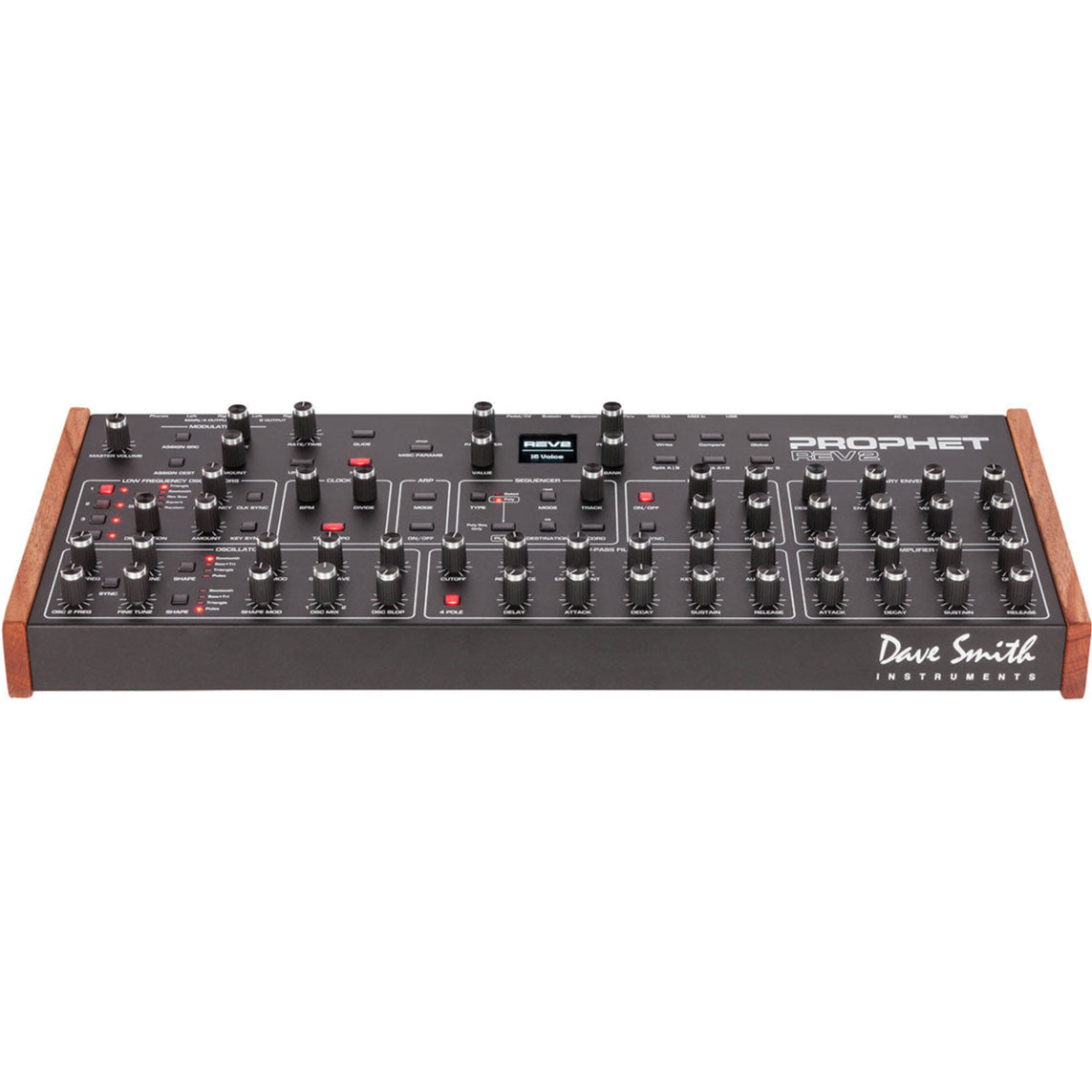 Sequential Prophet Rev2-16 desktop synthesizer with 16-voice polyphony, featuring knobs and controls on the front panel.