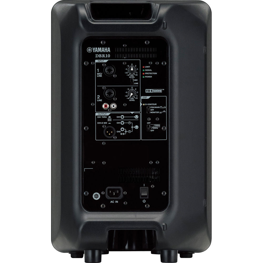 Yamaha DBR10 PA speaker with black grille and control panel, designed for professional sound reinforcement and live performances.