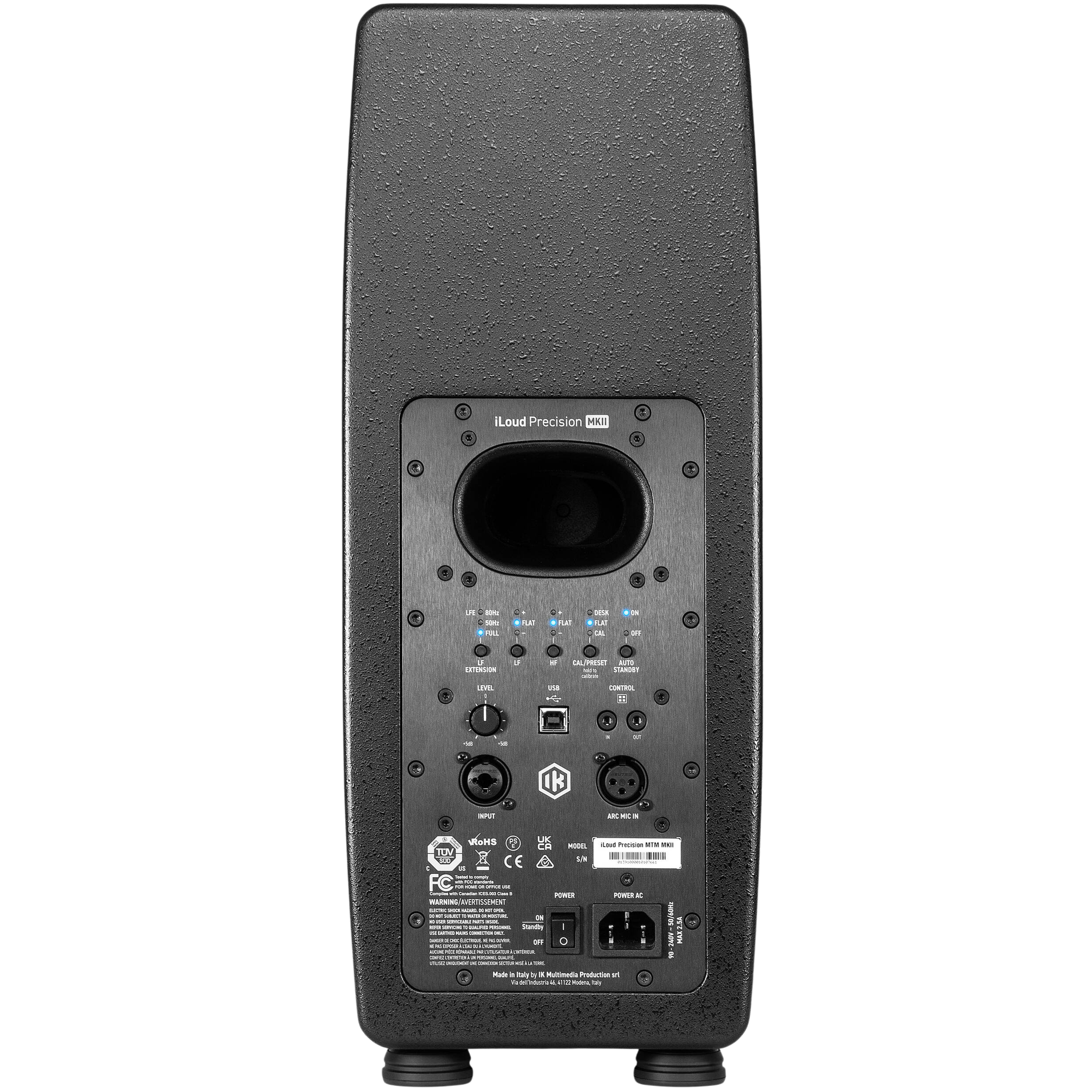 IK Multimedia iLoud Precision MTM MK2 active nearfield monitors showing black and silver speaker units with control knobs and branding.