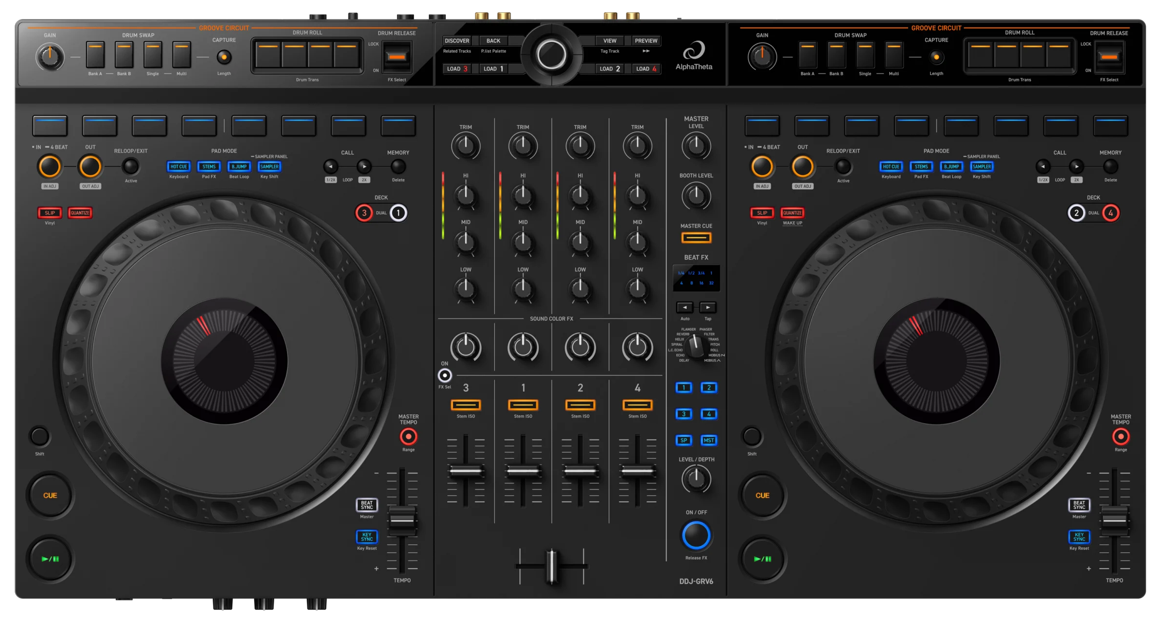 AlphaTheta DDJ-GRV6 DJ controller with jog wheels, mixer controls, and performance pads, shown from a top view.