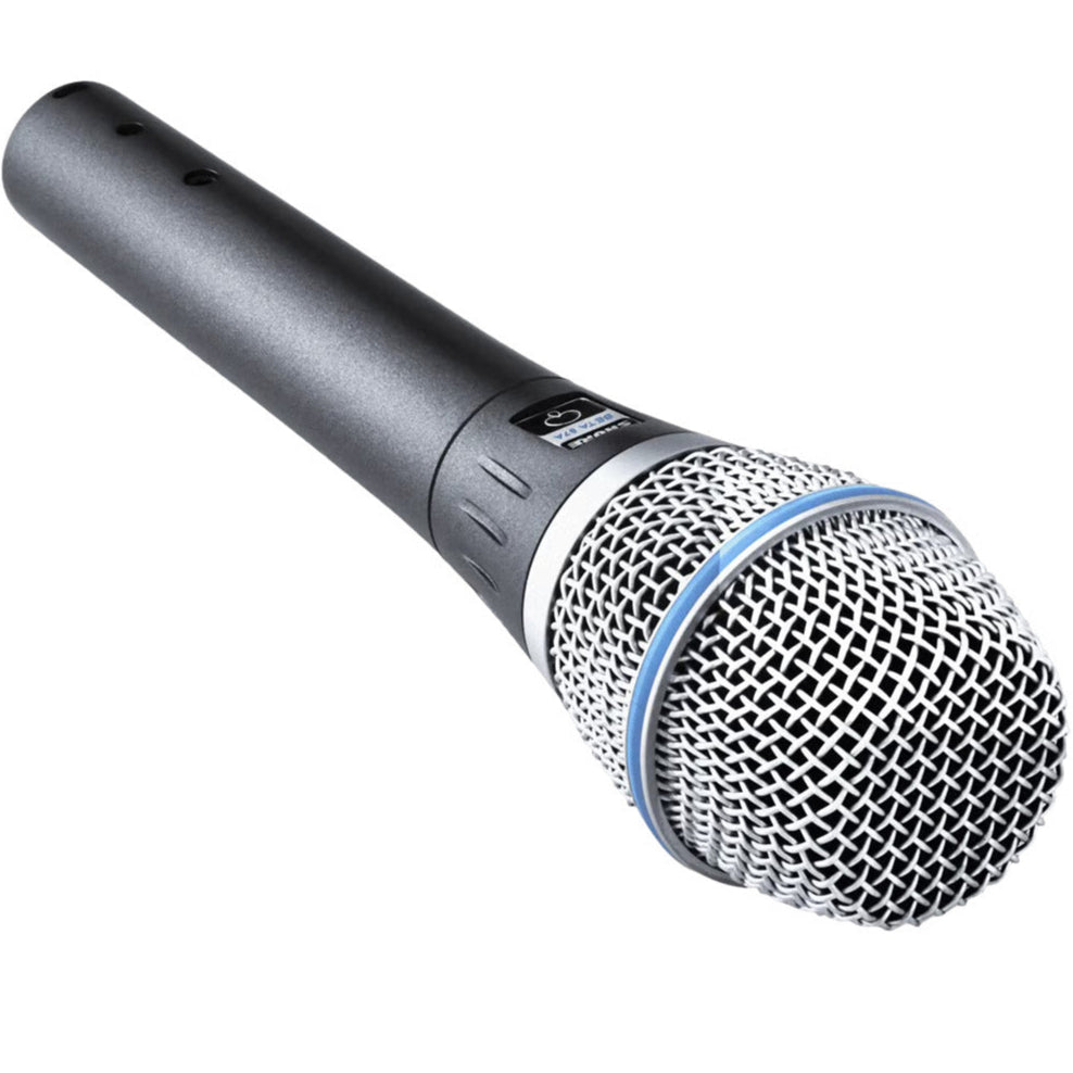 Shure Beta 87A condenser microphone with a black body and spherical grille, used for professional vocal and instrument recording.