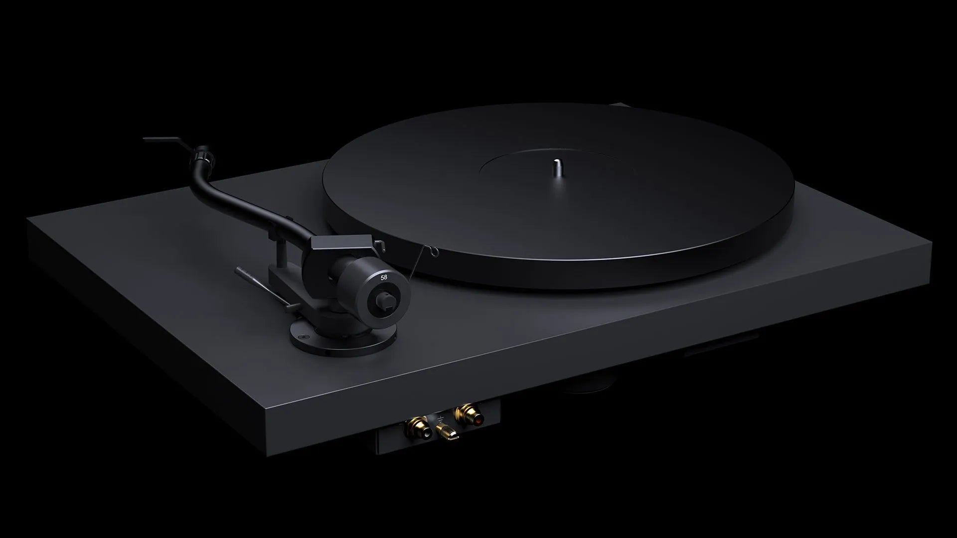 Rear view of Pro-Ject Debut Pro S turntable in Satin Black, showcasing its tonearm, platter, and connection ports.