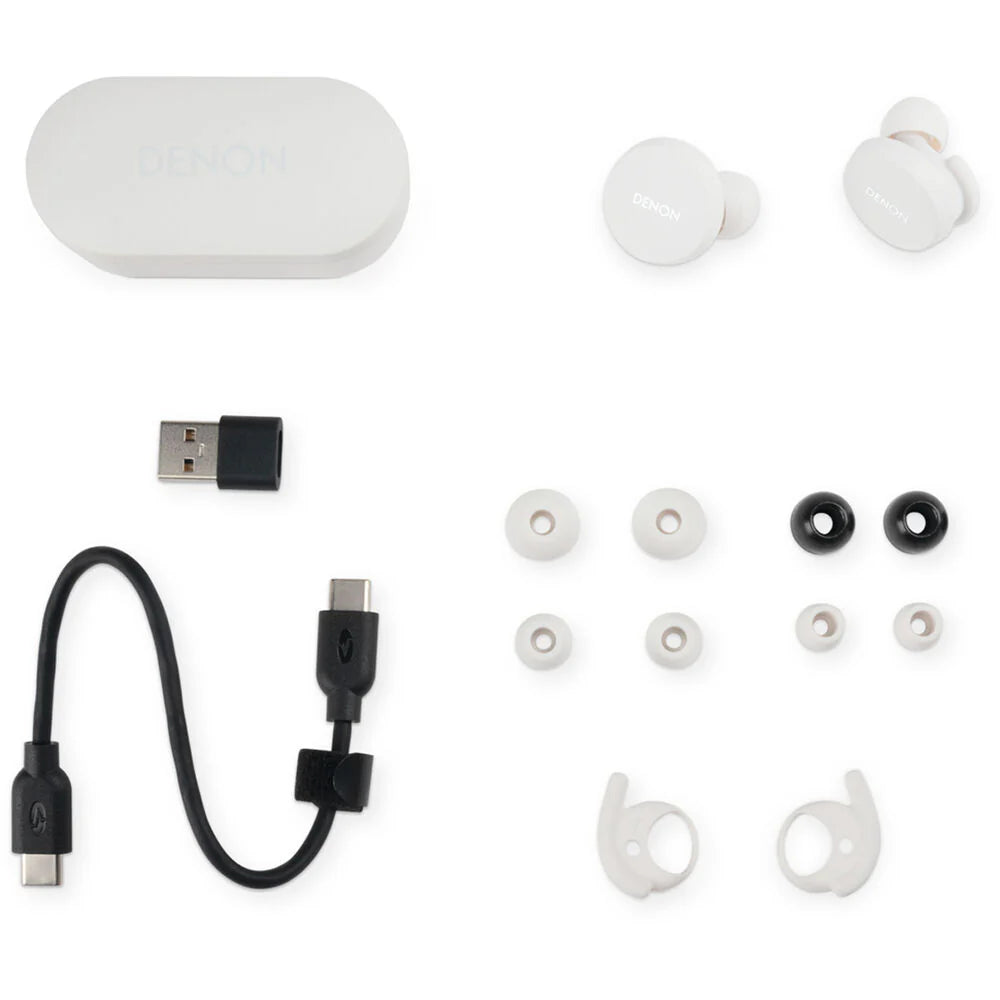 Denon PerL wireless in-ear headphones, box contents with ear tips, USB cable and dongle
