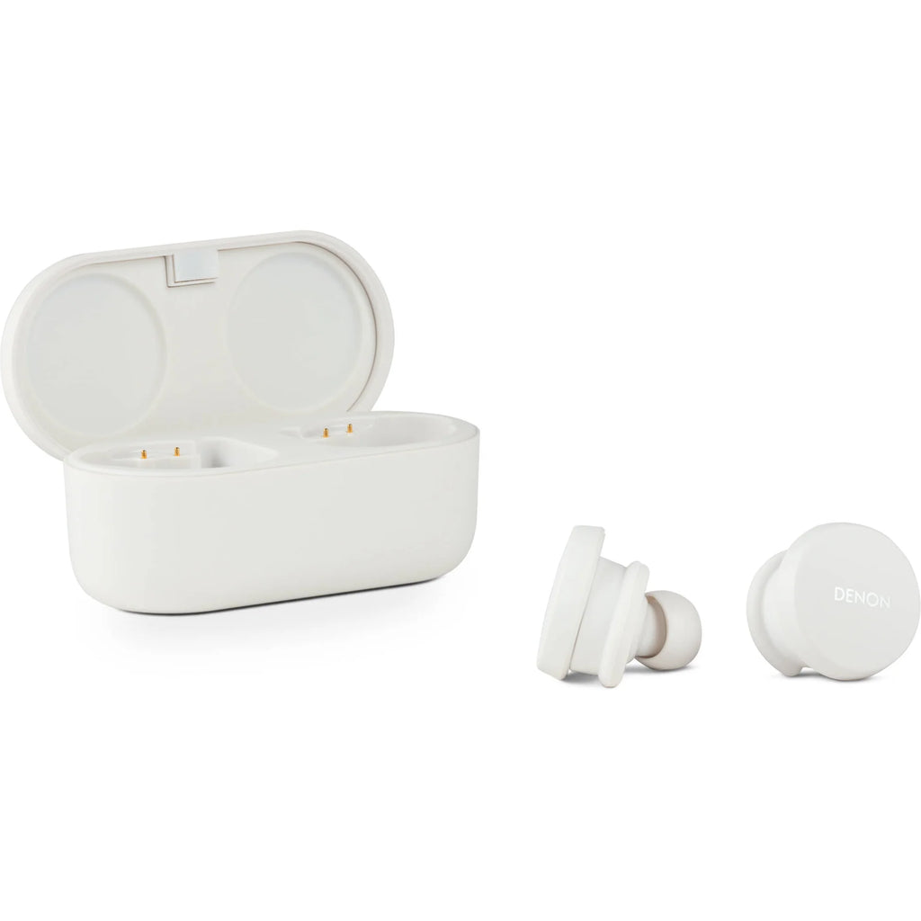 Denon PerL wireless in-ear headphones, white charging case open with earbuds