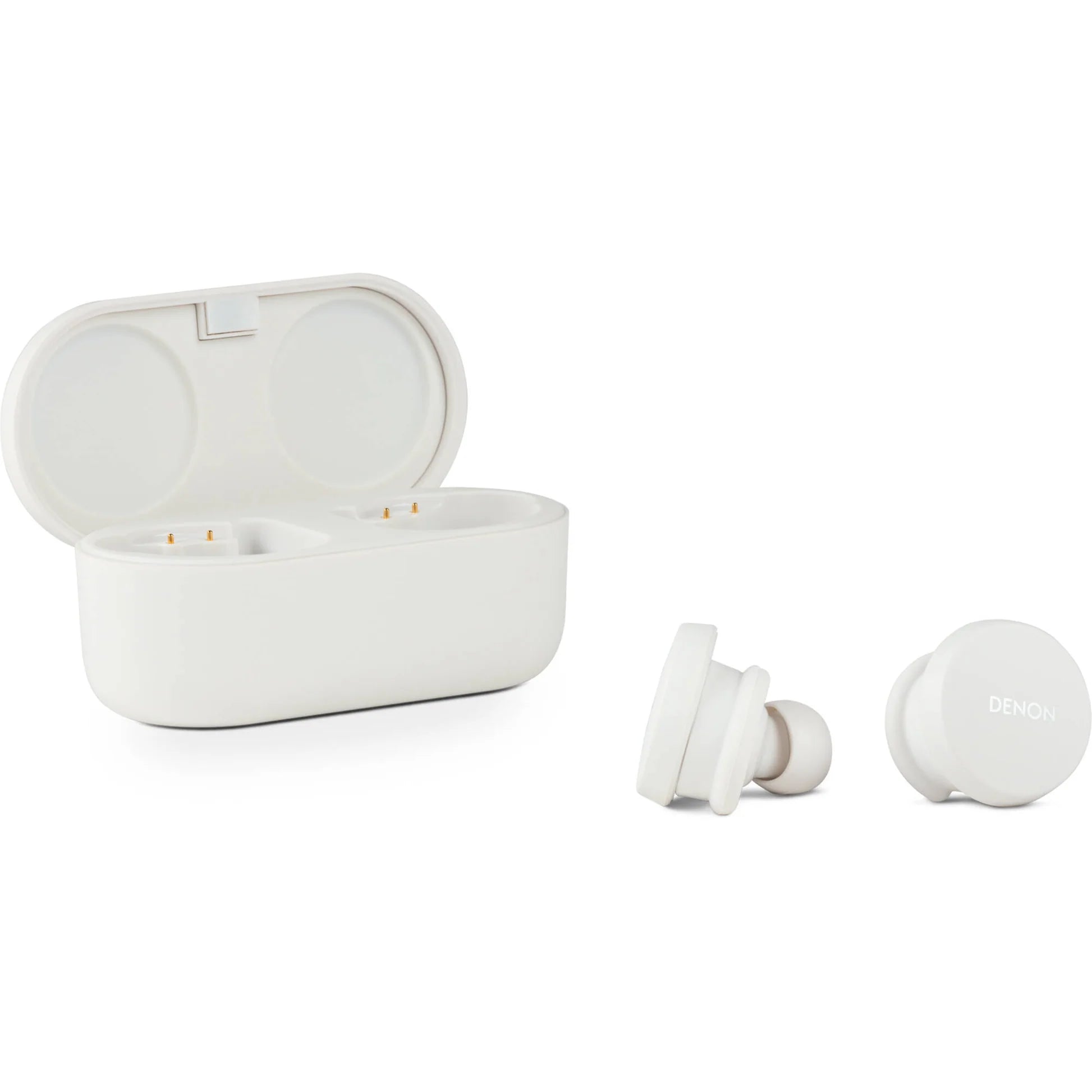 Denon PerL wireless in-ear headphones, white charging case open with earbuds