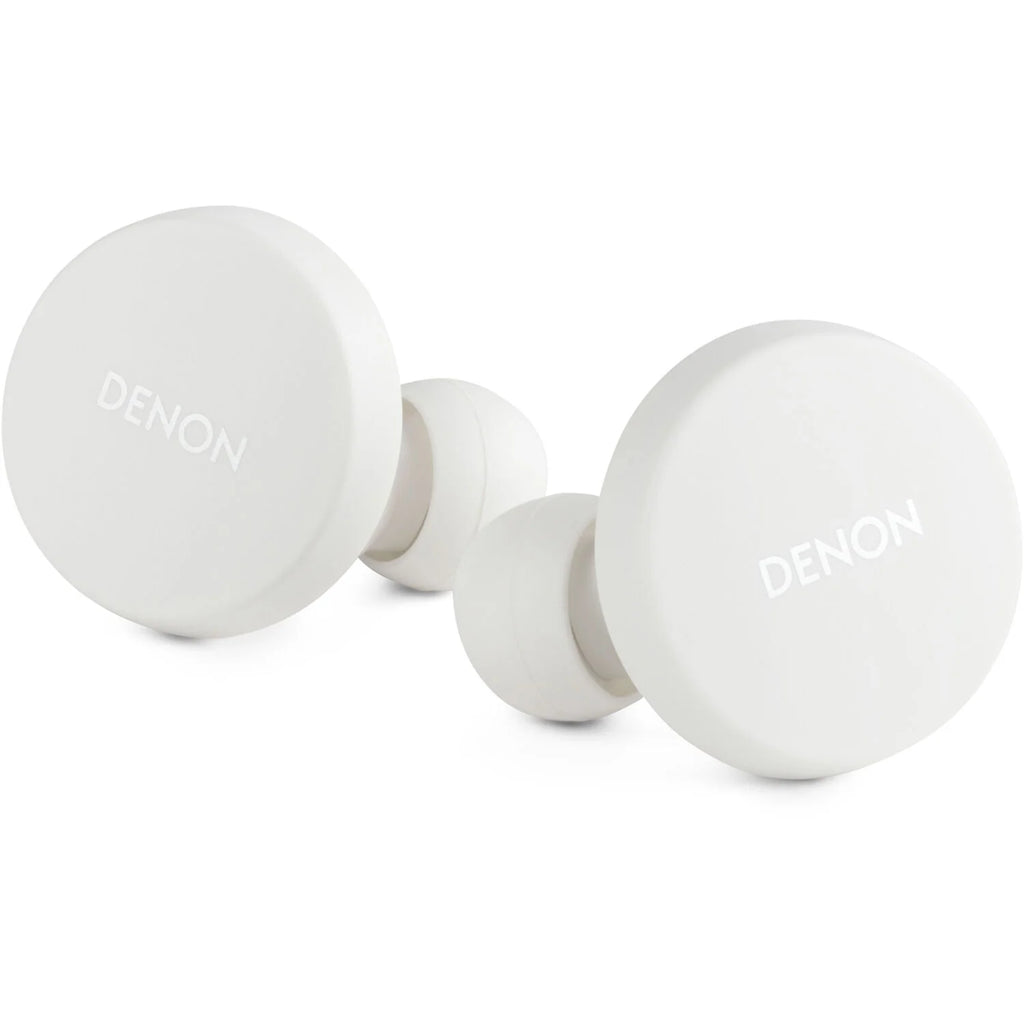 Denon PerL wireless in-ear headphones, white earbuds beside case
