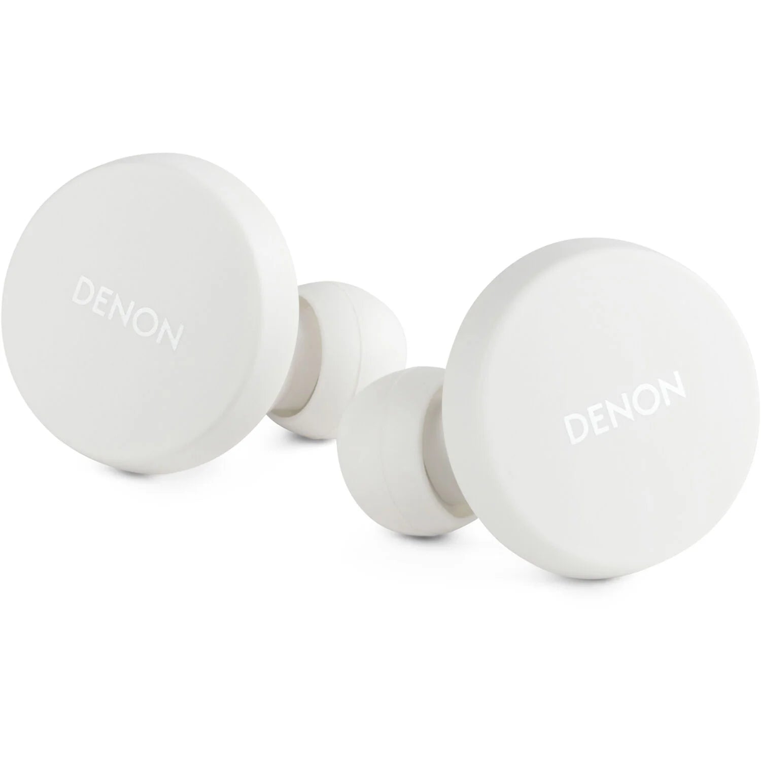 Denon PerL wireless in-ear headphones, white earbuds beside case