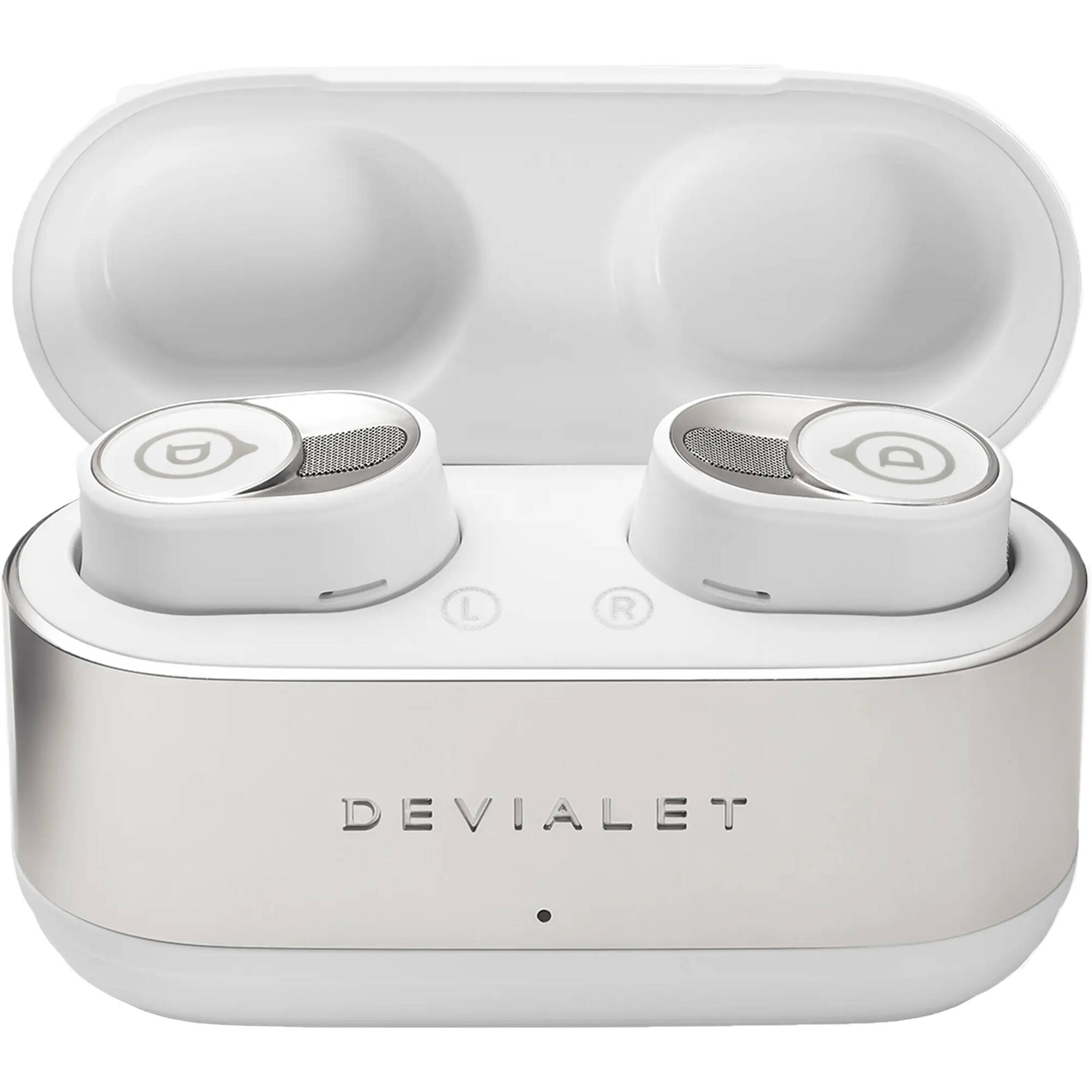 Devialet Gemini II wireless in-ear headphones, white charging case open