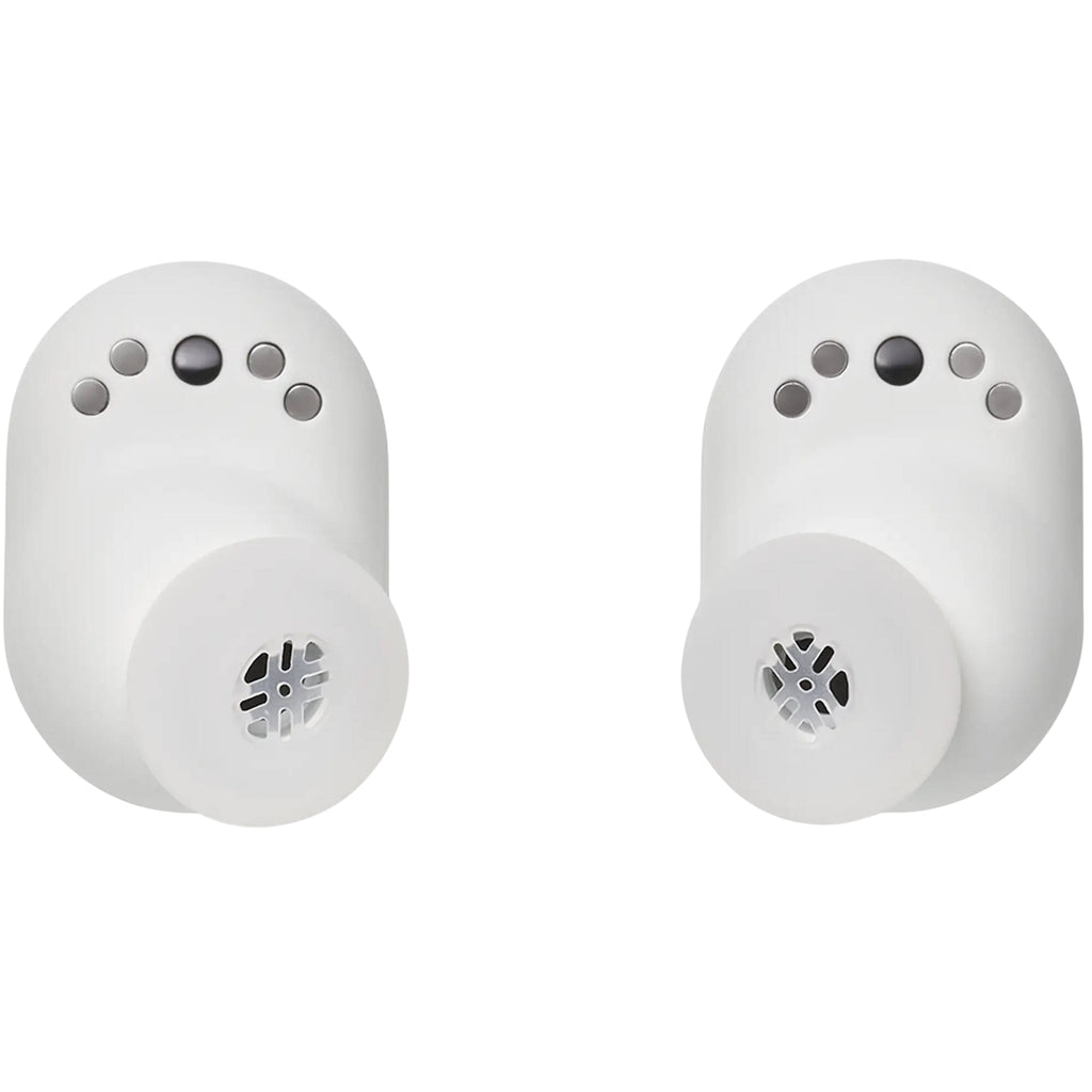 Devialet Gemini II wireless in-ear headphones, white earbuds close-up