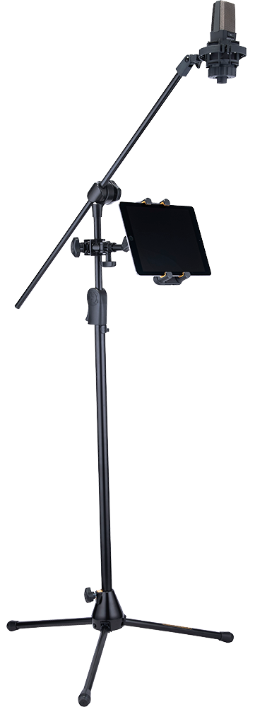 Hercules Stands HCDG-307B microphone multimedia stand with adjustable arm and sturdy base for studio and stage use.