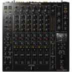 Pioneer DJM-V10 DJ mixer with multiple channels, professional controls, and colorful LED indicators on a sleek black surface.