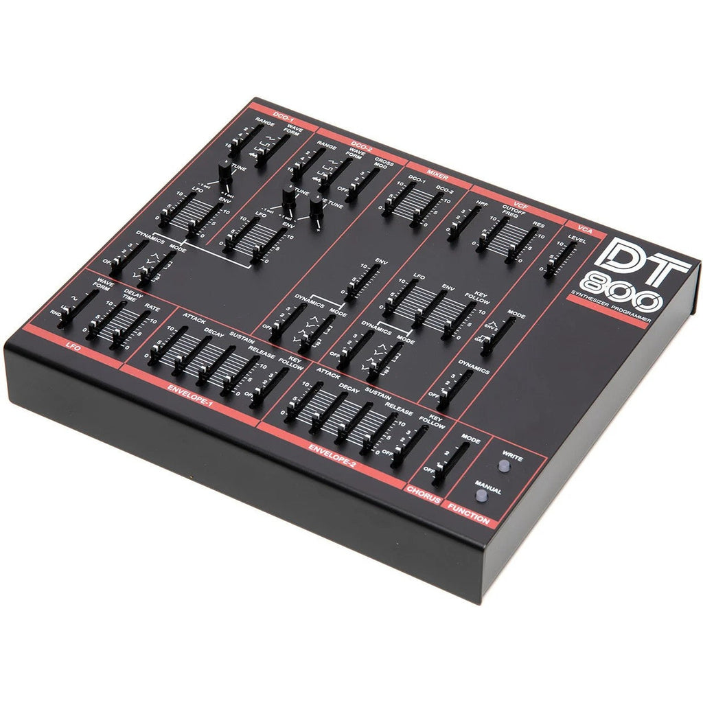 Dtronics DT-800 synthesizer with control knobs, buttons, and display panel, showcasing its electronic music production interface.