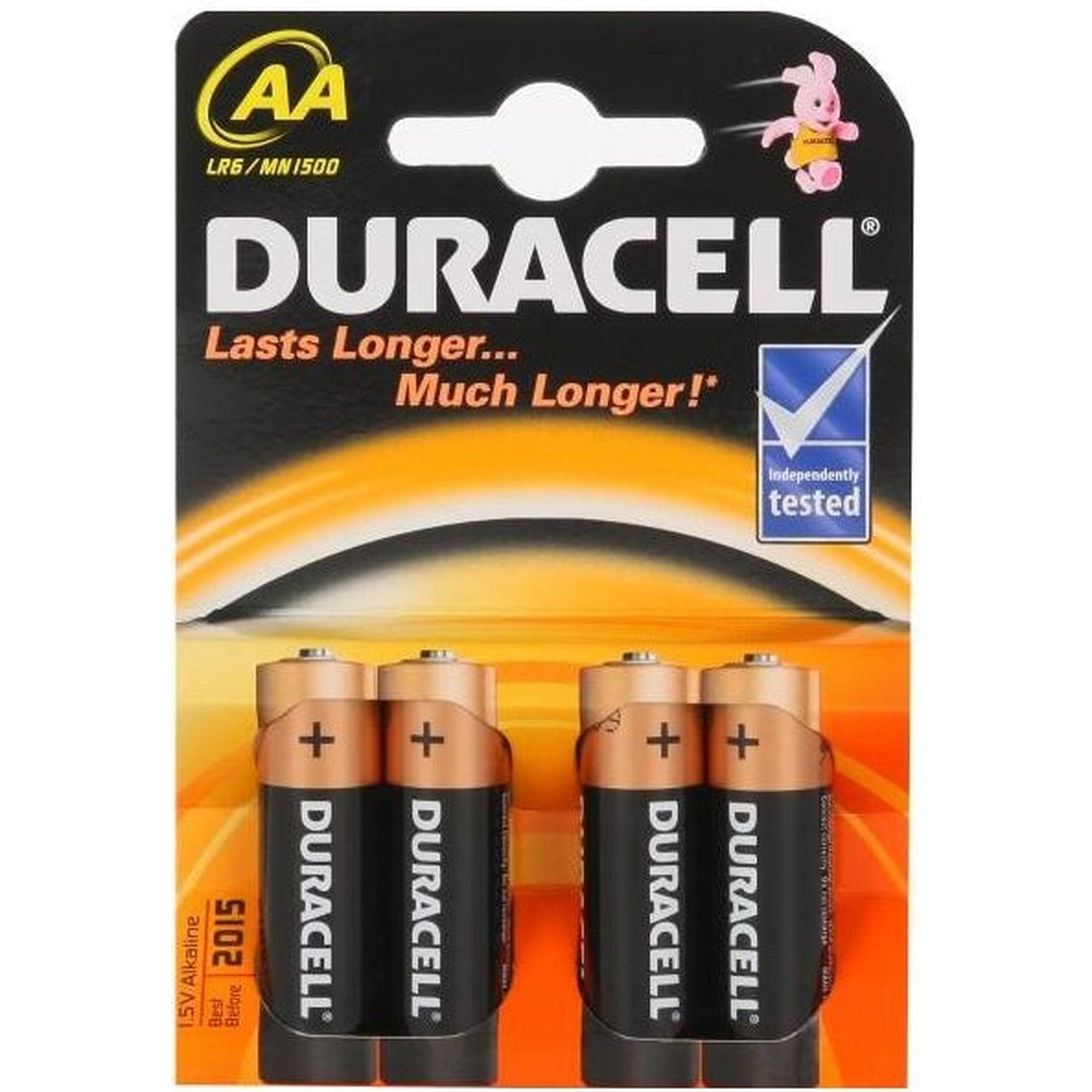 Duracell AA/LR6, Alkaline Basic MN1500 Batteries (4 pcs.), silver, top view.