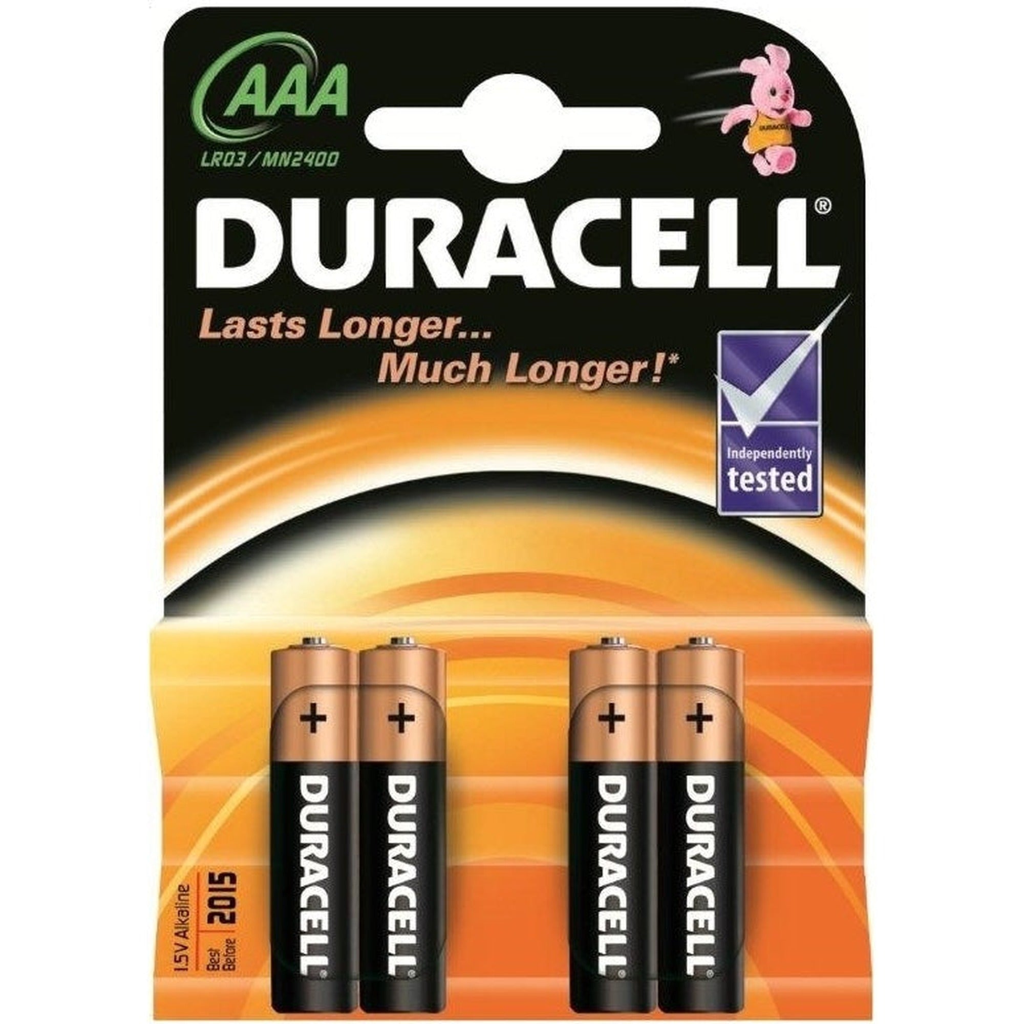 Duracell AAA/LR03 alkaline batteries, 4-pack, basic MN2400 model, showing the batteries with Duracell branding.