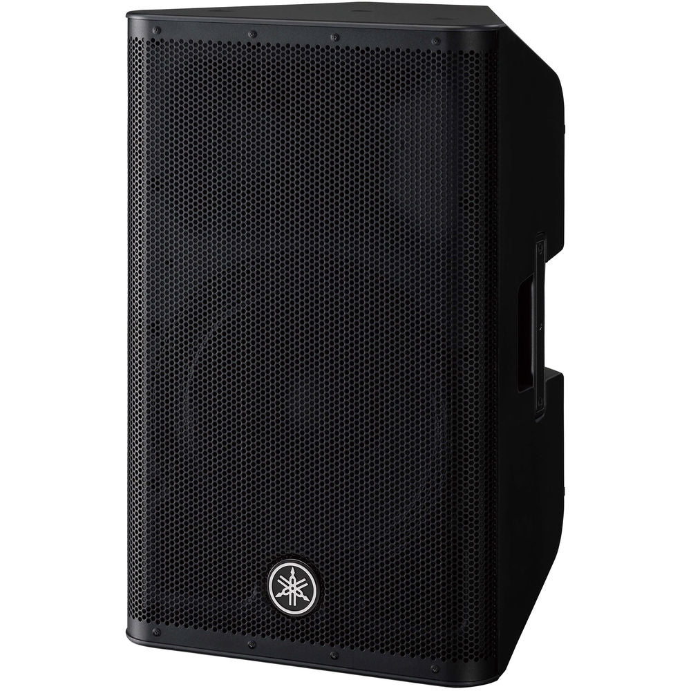 Yamaha DXR12 MK2 PA speaker with a sturdy design and a sleek black finish, showcasing its powerful audio output capabilities.