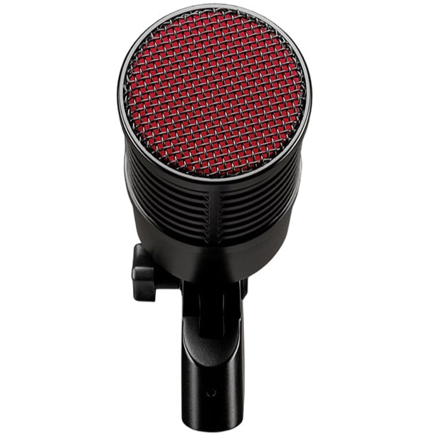 SE Electronics DynaCaster DCM8 dynamic microphone shown on a stand with a black grille and body, ideal for live sound and studio use.